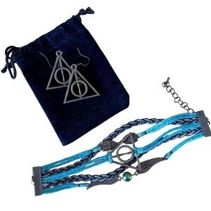 Harry Potter Deathly Hollows Pierced Earrings & Leather Wristband Bracelet, Owls